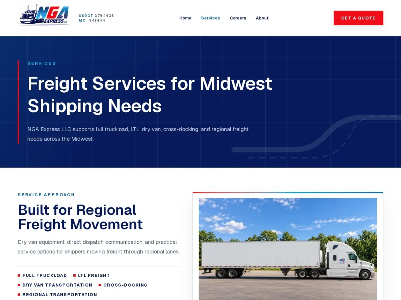 NGA Express services page presenting Midwest freight services and transportation equipment.