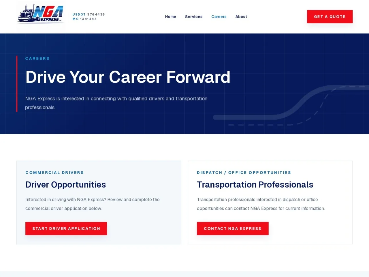 NGA Express careers page with pathways for commercial drivers and transportation professionals.