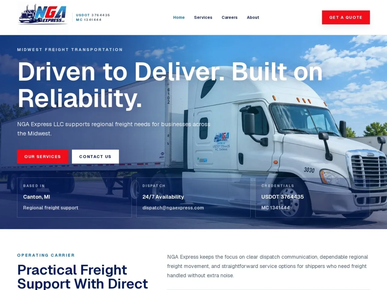 Desktop view of the NGA Express homepage with a company truck, freight messaging, and quote navigation.
