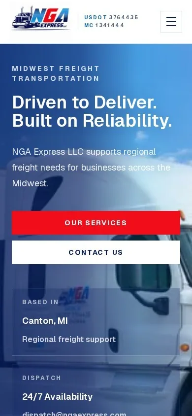Mobile view of the NGA Express homepage with service and contact actions.