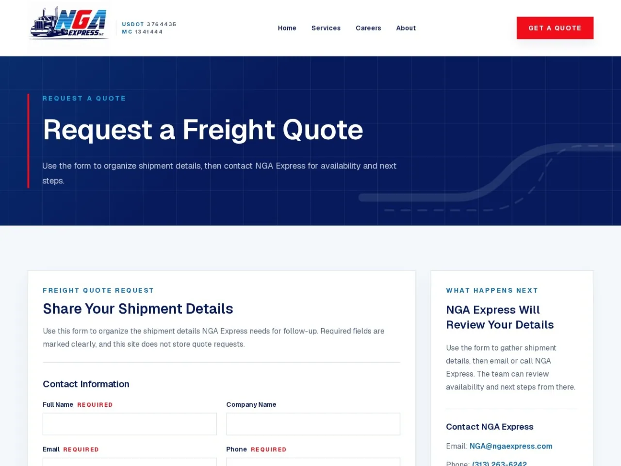 NGA Express freight quote page with a clearly structured shipment inquiry form.